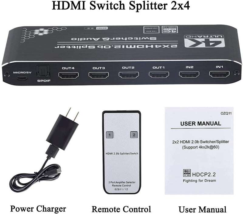 NÖRDIC HDMI Splitter 2 till 4 med audio extractor 4K60Hz HDCP2.2 HDR 3D