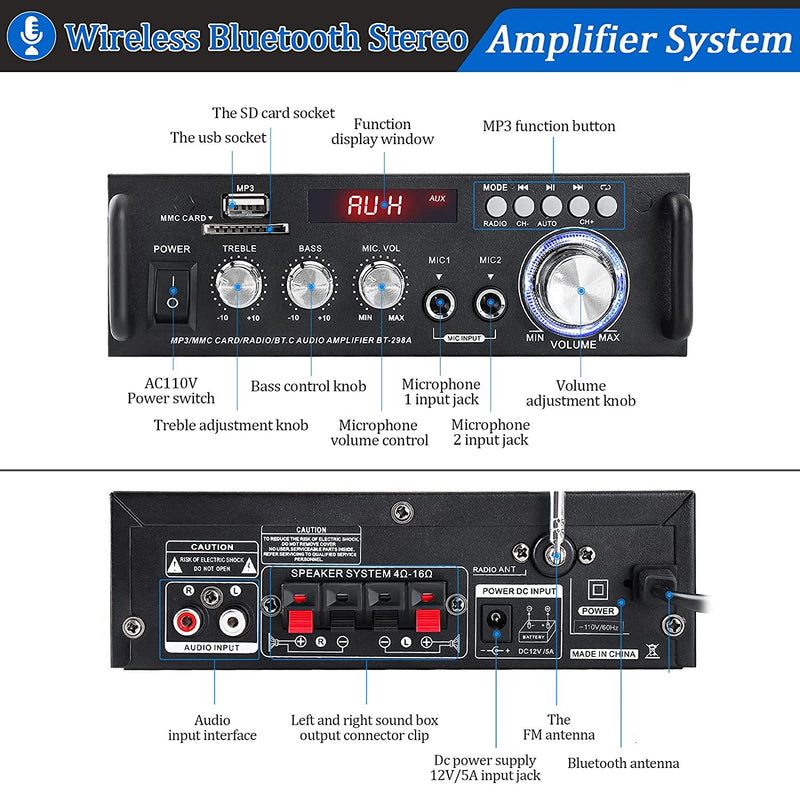 NÖRDIC Bluetooth 5.0 Stereo amplifier 2x40W AUX/USB/BT Audio förstärkare med FM mottagare, 2xMIC input