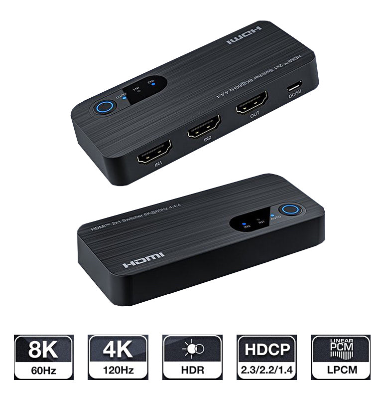 NÖRDIC HDMI switch 2 till 1 8K60Hz 4K120Hz 48Gbps HDR HDCP2.3 Surround 7.1 CEC