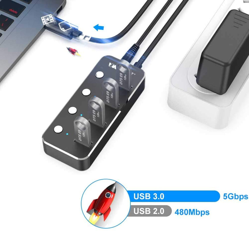 NÖRDIC powered 4-ports hubb USB-C 3.0 5Gbps med individuell switch 25cm kabel aluminium svart med nätdel