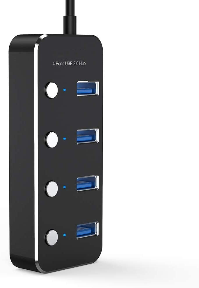 NÖRDIC powered 4-ports hubb USB 3.0 5Gbps med individuell switch 25cm kabel aluminium svart med nätdel