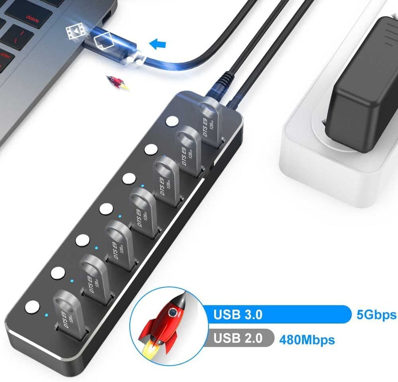 NÖRDIC powered 7-ports USB 3.0 HUB med individuell switch 5Gbps 25cm kabel aluminium svart med nätdel