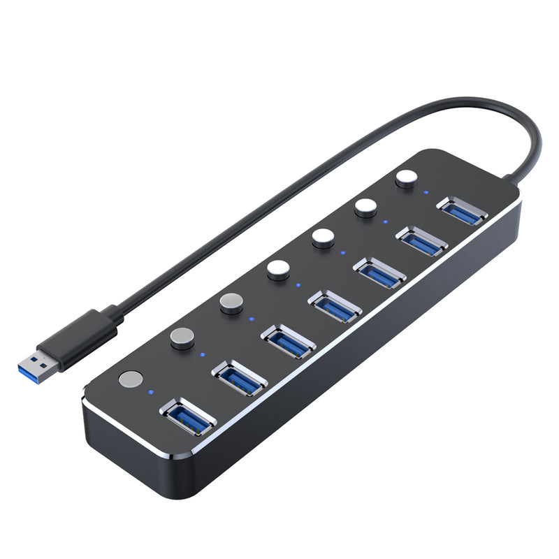NÖRDIC 7-ports USB 3.0 HUB med individuell switch 5Gbps 25cm kabel aluminium svart