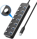 NÖRDIC powered 7-ports USB-C 3.0 HUB med individuell switch 5Gbps 25cm kabel aluminium svart med nätdel