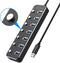 NÖRDIC powered 7-ports USB 3.0 HUB med individuell switch 5Gbps 25cm kabel aluminium svart med nätdel