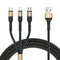 NÖRDIC Multiladdare kabel 1 till 3 USB A till Micro USB, Non MFI Lightning och USB C 1,2m Max 3A