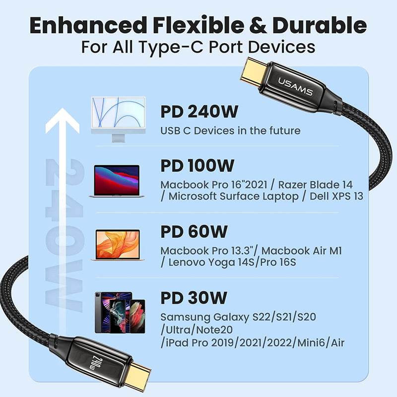 NÖRDIC 50cm USB4 USB-C till C nylonflätad kabel PD3.1 med 240W snabbladdning 40G 8K60Hz 4K120Hz 5K60Hz 2x4K60Hz Emarker kompatibel Thunderbolt 4 och 3