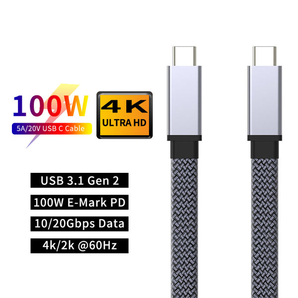 NÖRDIC 1m Platt USB3.2 Gen2 SuperSpeed USB 10Gbps USB-C till C nylonflätad kabel med Power Delivery 100W, 4K60Hz video och Emarker