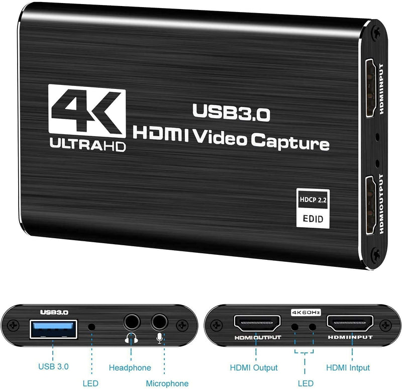 NÖRDIC Video capture adapter USB3.0 HDMI output 4K 60Hz HDMI med Loop Mikrofon och audio out HDMI Signal Loop Out