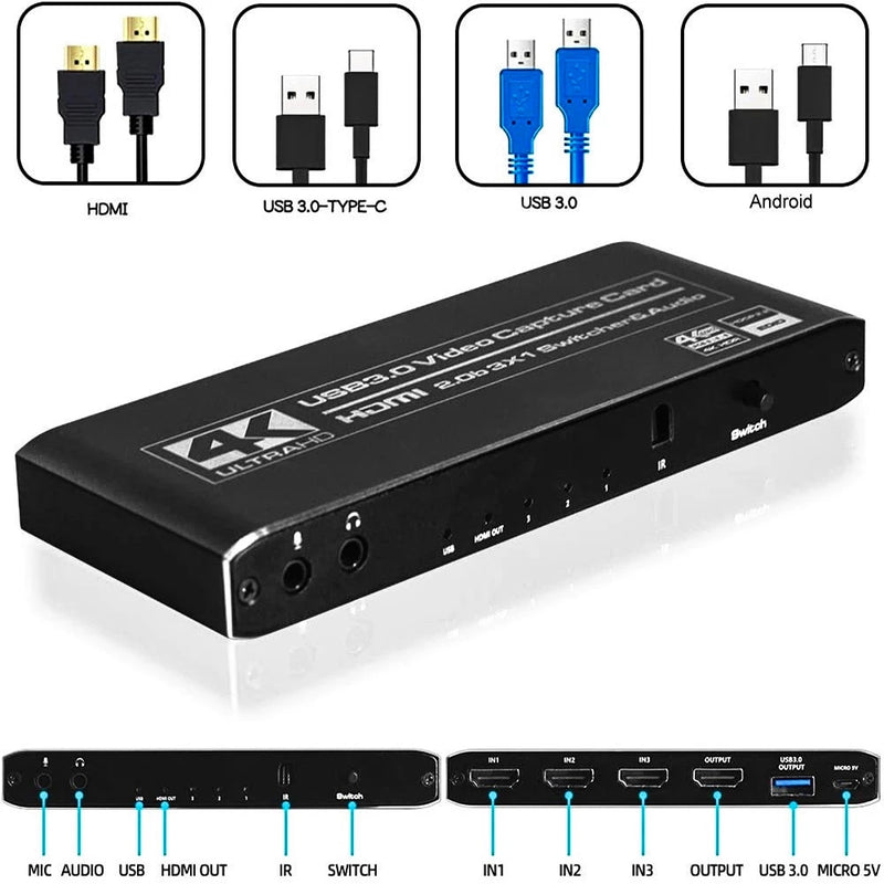 NÖRDIC HDMI Switch 3 till 1 med Video Capture Card HDMI2.0 4K60Hz USB3.1 Mikrofon och Audio out HDMI Signal Loop Out HDR HDCP2.2 EDID RGB8:8:8