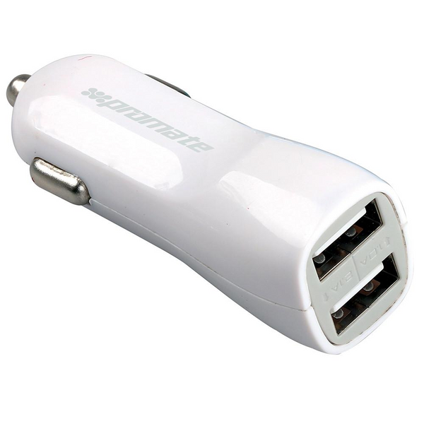 Promate VIVID.WHITE Billaddare med dubbla USB A portar 5V/2,4A total 3,1A svart Input 12-24V DC svart
