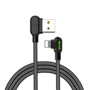 Mcdodo CA-4671 Vinklad Apple Lightning (Non MFI) till vinklad USB A kabel för synkning och snabb laddning, med LED, svart, 1,2m