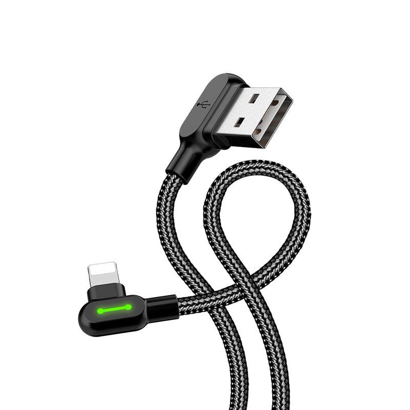 Mcdodo CA-4673   Vinklad Apple Lightning (Non MFI) till vinklad USB A kabel för synkning och snabb laddning, med LED, svart, 1,8m
