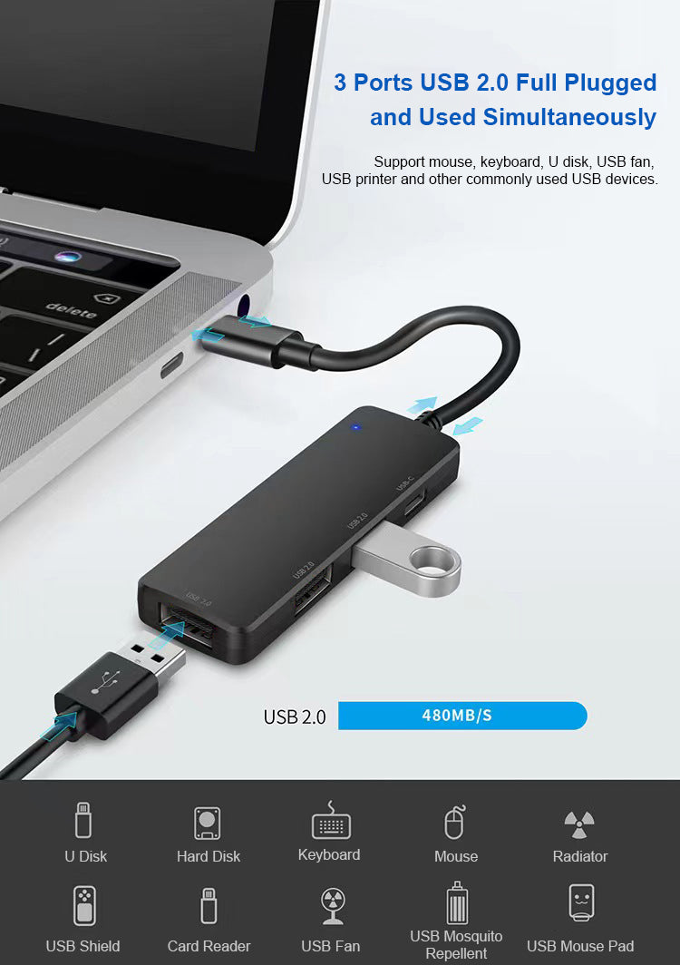 NÖRDIC 4 ports USB-C 2.0 Hubb 3xUSB-A 480Mbps 1xUSB-C 480Mbps