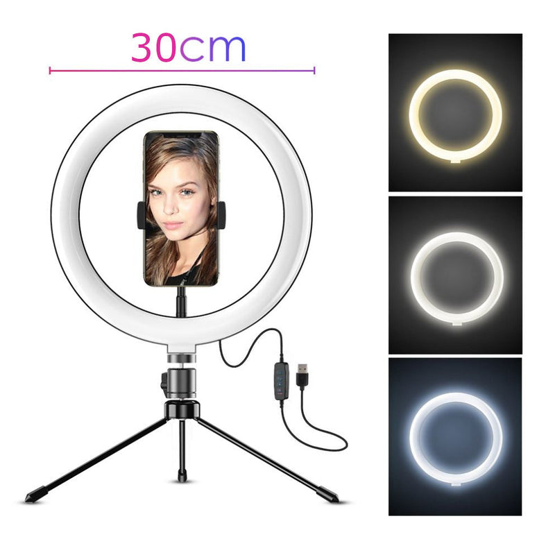 LED Ring Light 30cm diameter med mobilhållare med tripod och golvstativ 10 steg dimbar tre ljusläge selfie lampa ring lampa